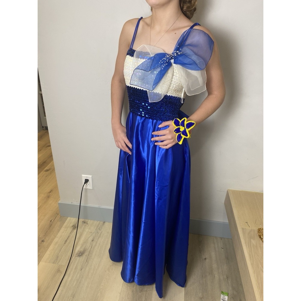 Vintage 70's Royal Blue White Sequin Bodice Formal Gown Satin Prom Dress  Bow S